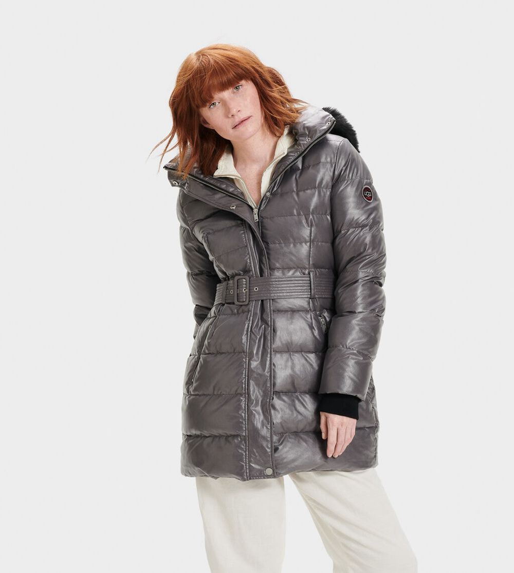 Ugg Coat Womens - Ugg Valerie Belted Down Ii Dark Grey - 849ORIFEP